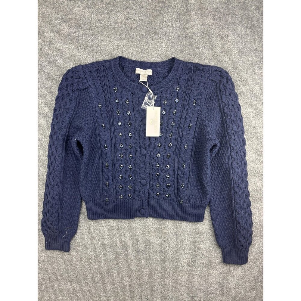 Caroline Constas Cardigan Sweater Womens Large Blue Beaded Knit Puff Sleeve